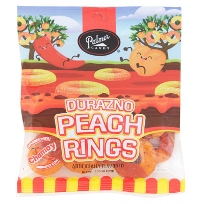 PALMER CANDY DURAZNO CHAMOY PEACH RINGS GUMMI 3.25 OZ PEG BAG