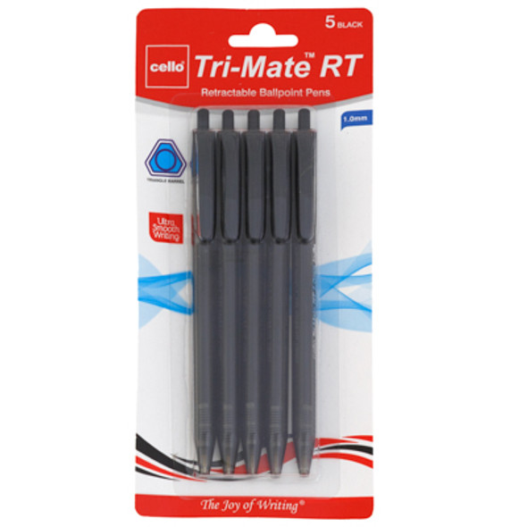 PENS 5CT BLACK INK TRIMATE RETRACTABLE BALL POINT CARDED