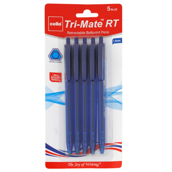 PENS 5CT BLUE INK TRI-MATE RETRACTABLE BALL POINT CARDED