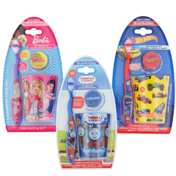 TOOTHBRUSH GIFT SET LICENSED 3PC SET BARBIE, HOT WHEELS, THOMAS&FRIENDS