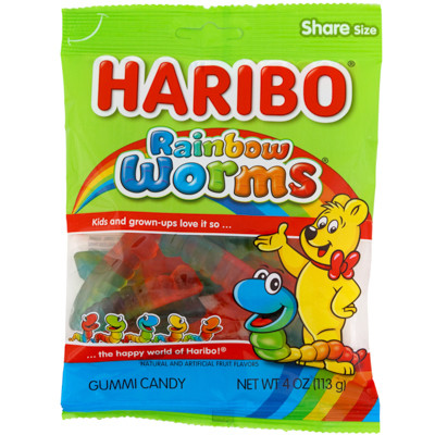 HARIBO GUMMY RAINBOW WORMS 4 OZ PEG BAG
