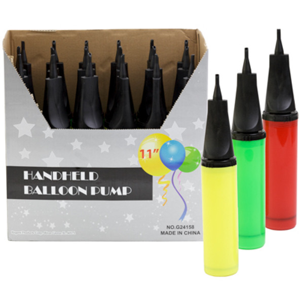 HANDHELD BALLOON PUMP FOR LATEX OR FOIL BALLOONS 11IN 3AST IN 18PC PDQ
