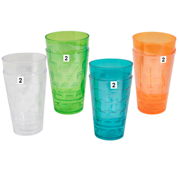 TUMBLERS GLASS-LOOK 3 COLORS/1 CLEAR- 2PK 18 OZ IN A WHITE CASE CUT CARTON/LABEL