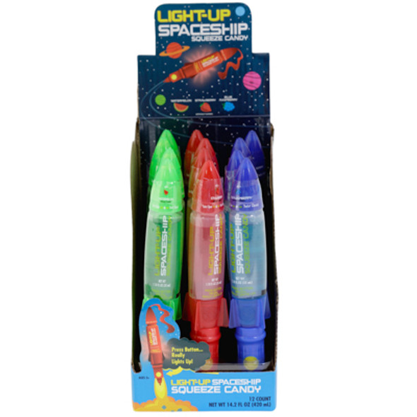 LIGHT UP SPACESHIP SQUEEZE CANDY 12-PC 1.18-OZ 3-ASSORTED COUNTER DISPLAY LIGHT UP SPACESHIP SQUEEZE CANDY 12-PC 1.18-OZ 3-ASSORTED COUNTER DISPLAY