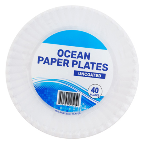 PAPER PLATES 40CT 9INCH WHITE UNCOATED
