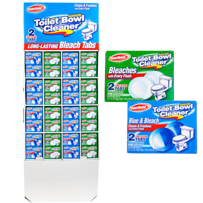 TOILET BOWL CLEANER 2CT BLEACH TABLETS IN 96PC FLOOR DISPLAY POWERHOUSE