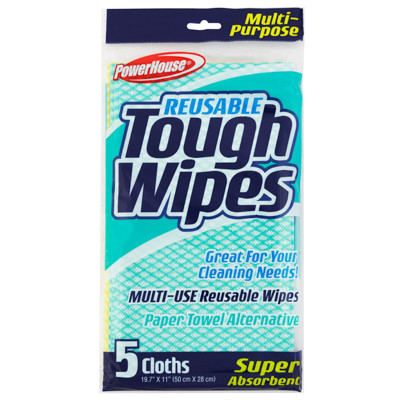 WIPES 5CT TOUGH REUSABLE FLAT SUPER ABSORBENT 2-12PC PDQ POWERHOUSE