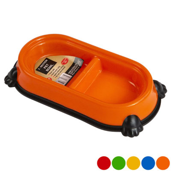 DOUBLE PET BOWL SMALL NON-SKID 3.4 OZ/0.4 CUPS EACH SECTION 5 COLORS DOUBLE PET BOWL SMALL NON-SKID 3.4 OZ/0.4 CUPS EACH SECTION 5 COLORS