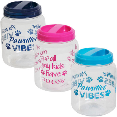 PET TREAT/FOOD PLASTIC JAR W/LID 3 COLORS/PRINTS