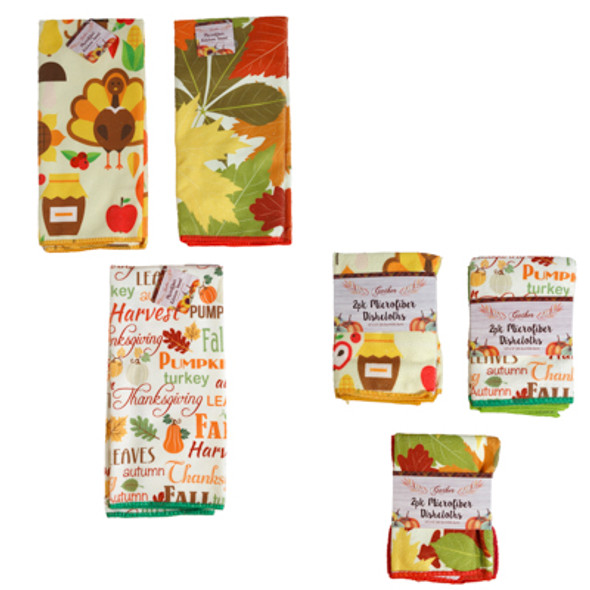 KITCHEN TEXTILES FALL MICROFIBER 3AST PRINT W/SOLID 2PK DISHCLOTH/1PC TOWEL ON DISP STRIP/JHOOK/WRAP CARD