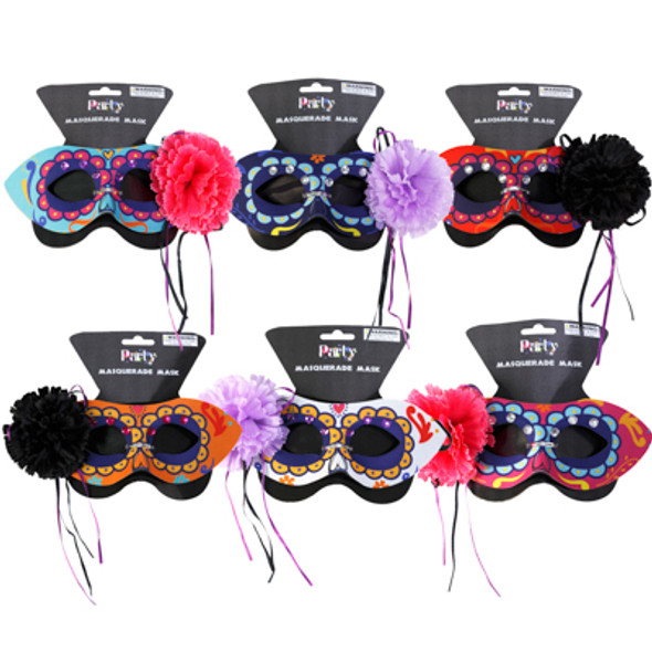 MASQUERADE MASK DOD W/POLY FABRIC & SIDE FLOWER 6AST W/ELASTIC BAND HLWN TCD MASQUERADE MASK DOD W/POLY FABRIC & SIDE FLOWER 6AST W/ELASTIC BAND HLWN TCD