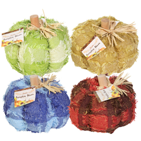 HARVEST DELUXE FABRIC PUMPKIN W/TWIG STEM 4 AST COLORS