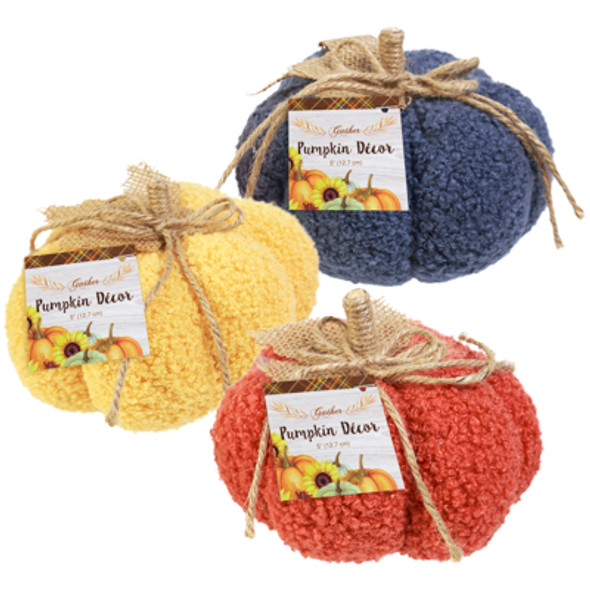 HARVEST PUMPKIN STUFFED 5IN NUBBBY FABRIC W/JUTE STEM & BOW/BURLAP LEAF 3AST CLRS HARVEST PUMPKIN STUFFED 5IN NUBBBY FABRIC W/JUTE STEM & BOW/BURLAP LEAF 3AST CLRS