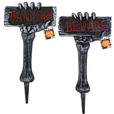 YARD STAKE HALLOWEEN HAND W/DANGER OR BEWARE SIGN 2ASST  21INH X 11.25IN W PLASTIC/HT/CASE CUT CARTON