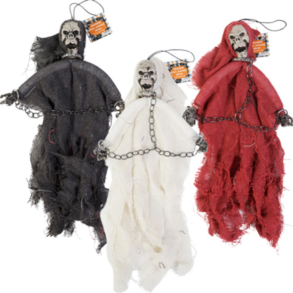 GHOSTLY SKELETON HANGING DECOR W/NECK & ARM CHAINS 18IN 3AST BURLAP SHROUD COLORS GHOSTLY SKELETON HANGING DECOR W/NECK & ARM CHAINS 18IN 3AST BURLAP SHROUD COLORS