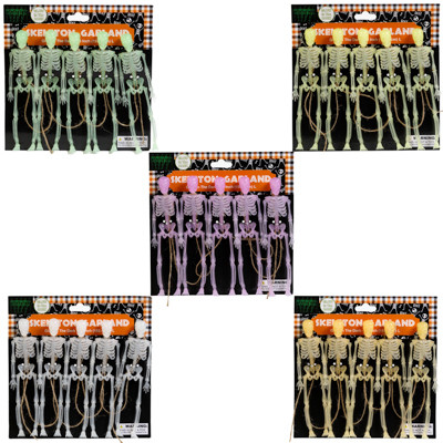 SKELETON GARLAND GLOW-IN-DARK 5FT LENGTH 5 AST COLORS HLWN TIECARD