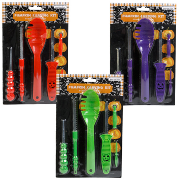 PUMPKIN CARVING KIT 6PC & BOOK ORANGE/PURPLE/GREEN PLASTIC/BLISTER CARD