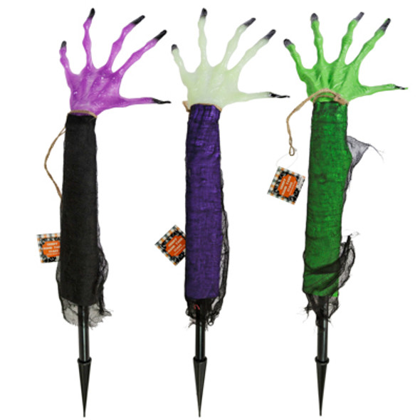 YARD STAKE CREEPY ZOMBIE/WITCH HAND W/GAUZE SLEEVE 24IN L PLASTIC  3AST COLORS
