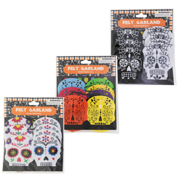 GARLAND FELT 42IN 3AST SUGAR SKULL DESIGNS PB/INSERT GARLAND FELT 42IN 3AST SUGAR SKULL DESIGNS PB/INSERT