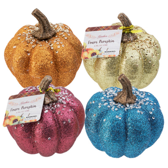 HARVEST PUMPKIN 4.13IN SEQUIN/FOAM 4 AST COLORS IN 24 PC PDQ