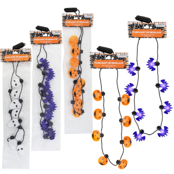 NECKLACE HALLOWEEN 8 LED 3 AST SHAPES/3 FUNCTION BAT/SKULL/PUMPKIN PBH NECKLACE HALLOWEEN 8 LED 3 AST SHAPES/3 FUNCTION BAT/SKULL/PUMPKIN PBH