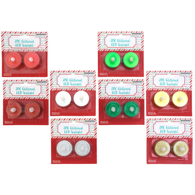 TEALIGHT LED 2PK GLITTER/METALLIC RED/GREEN/SILVER/GOLD COLORS 12PC/MDSGSTRIP EA