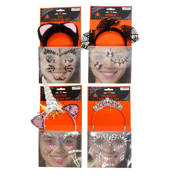 COSTUME KIT 2PC W/HEADBAND & FACE GEMS 4AST STYLES
