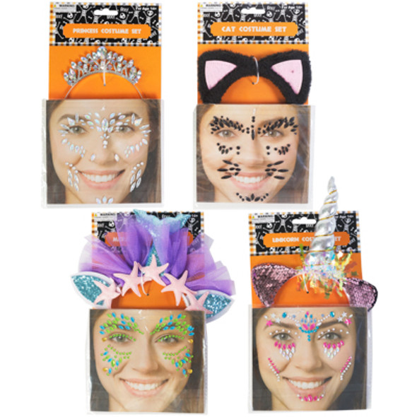 COSTUME KIT 2PC W/HEADBAND & FACE GEMS 4AST STYLES