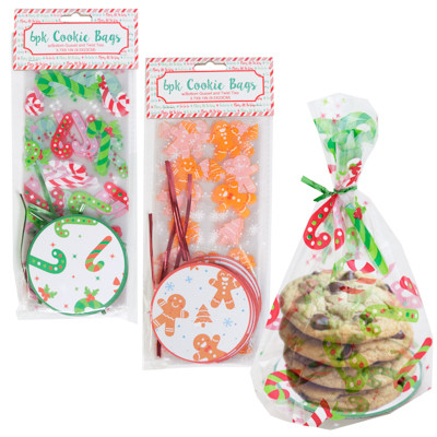 CHRISTMAS COOKIE GIFT SET W/6 PTD PRINTED CELLO BAGS & TIES W/CARDBOARD BASES/XMAS PBH