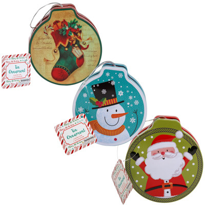 ORNAMENT SHAPE CHRISTMAS TIN 3AST DESIGNS W/STRING XMAS/HT
