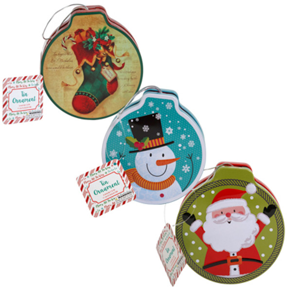 ORNAMENT SHAPE CHRISTMAS TIN 3AST DESIGNS W/STRING XMAS/HT