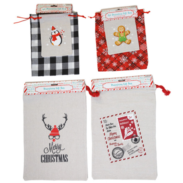 GIFT BAG CHRISTMAS DRAWSTRING CANVAS PRINT 2PK SMALL/MED OR SINGLE LARGE XMAS HEADER GIFT BAG CHRISTMAS DRAWSTRING CANVAS PRINT 2PK SMALL/MED OR SINGLE LARGE XMAS HEADER