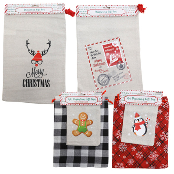 GIFT BAG CHRISTMAS DRAWSTRING CANVAS PRINT 2PK SMALL/MED OR SINGLE LARGE XMAS HEADER