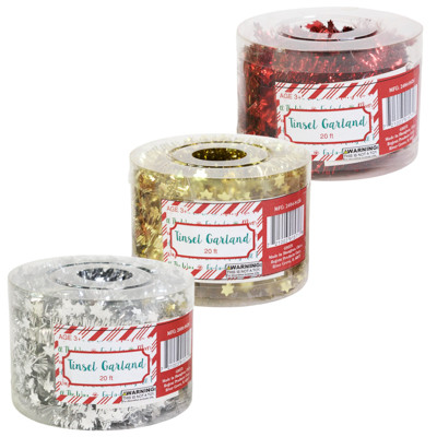 TINSEL GARLAND 20FT RED/GOLD/SILVER IN PVC BOX USE FOR WRAP OR MINI TREE