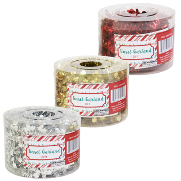 TINSEL GARLAND 20FT RED/GOLD/SILVER IN PVC BOX USE FOR WRAP OR MINI TREE