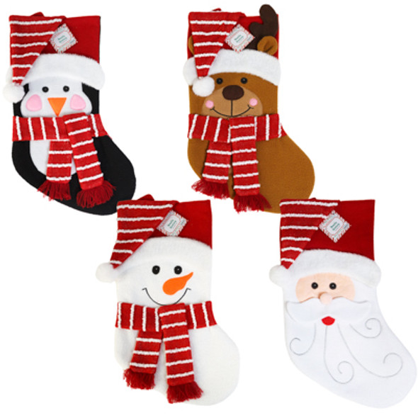 STOCKING XMAS CHARACTERS W/HAT & SCARF 4AST 18IN