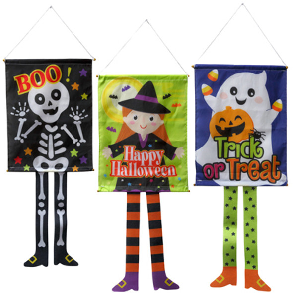 BANNER W/LEGS HALLOWEEN 3AST WHIMSICAL WITCH/SKELETON/GHOST 12.5W X 32H POLY/HANGTAG