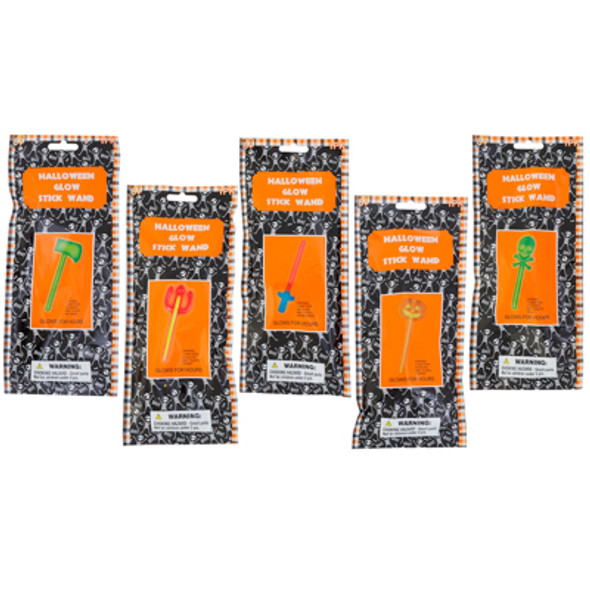 HALLOWEEN GLOW STICK WANDS 5 AST/PRINTED BAG AGE 4+