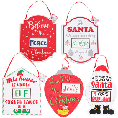 CHRISTMAS HANGING PLAQUES WITH REVERSABLE FUN SAYINGS 5AST W/RIBBON XMAS/HT