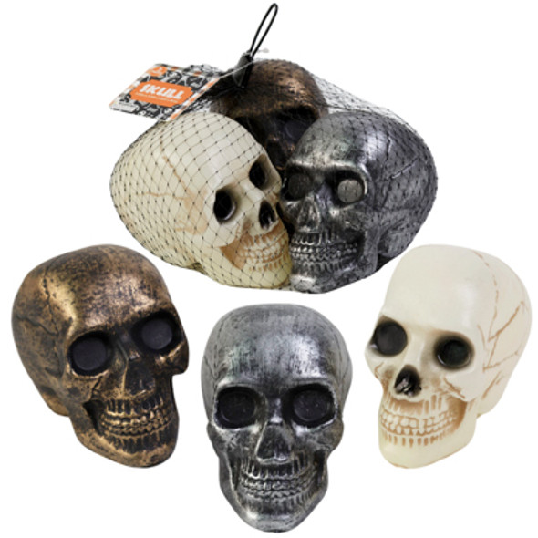 SKULL HEAD DECOR 3PK 3.9 X 3.5IN 3 AST ANTIQUE/NATURAL COLORS IN NET BAG/HT
