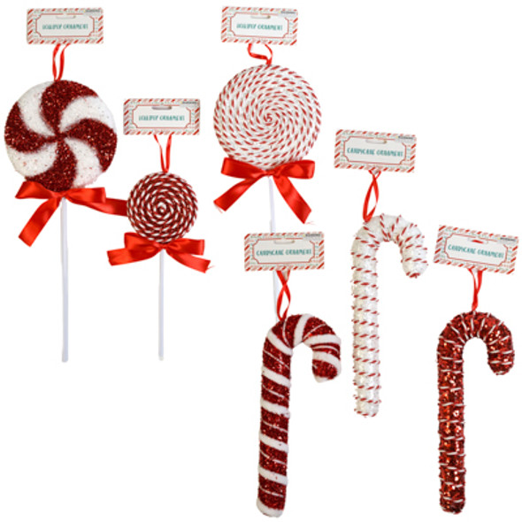 ORNAMENT CANDY LOLLIPOPS 10-16IN & CANDY CANES 10-11.8IN 6ASST XMAS HDR CARD