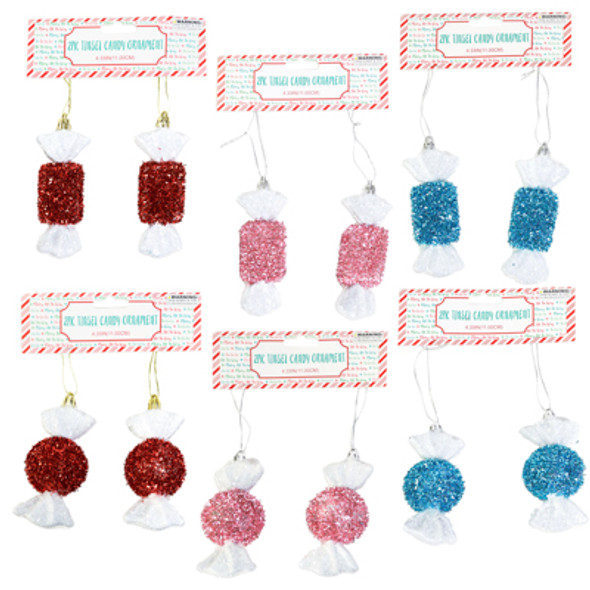 ORNAMENT TINSEL CANDY 4.72IN 2PKS 2 STYLES/3 COLORS XMAS PBH ORNAMENT TINSEL CANDY 4.72IN 2PKS 2 STYLES/3 COLORS XMAS PBH