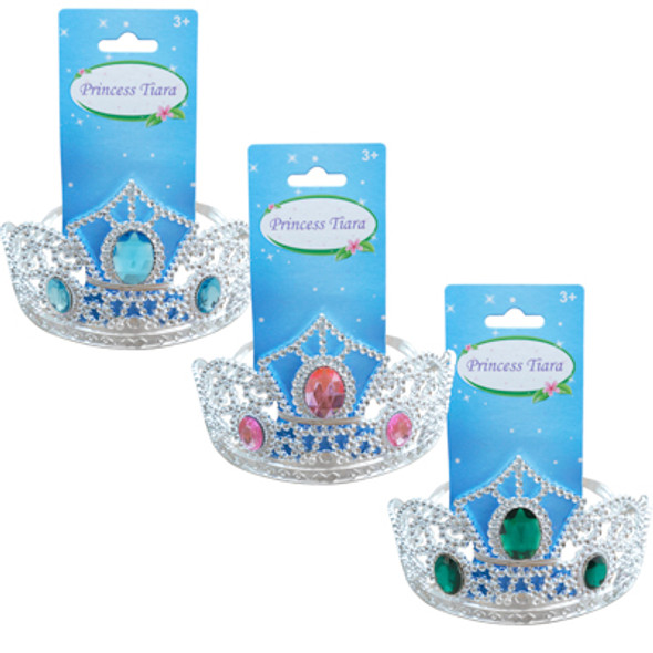 PRINCESS TIARA W/JEWELS 3 AST 5.25IN BLUE/GREEN/PINK HEADER CARD
