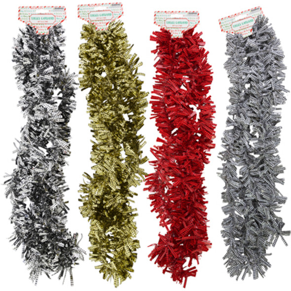 TINSEL GARLAND 9FT 3PLY CHRISTMAS BUFFALO PLAID 4 AST 3IN TIPS