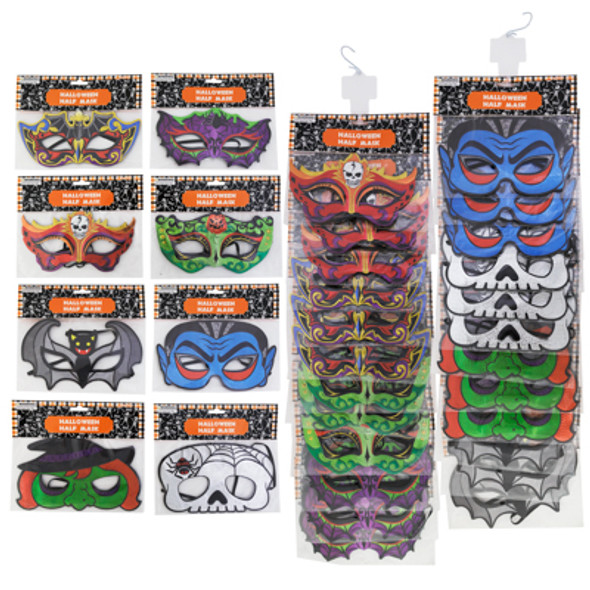 HALF MASK HALLOWEEN CHARACTERS OR MASQUERADE 8AST 12PC MDSGSTRIP