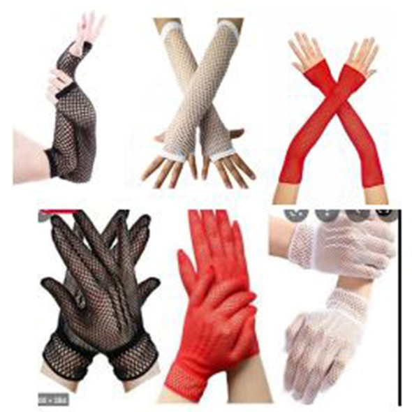 COSTUME FISHNET GLOVE 6 AST SHORT & LONG FINGERLESS BLK/RED/WHITE WTD TO BLK