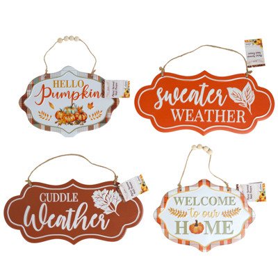 WALL PLAQUE METAL HARVEST 4AST 2 PUMPKIN/CUDDLE/SWEATER WEATHER W/TWINE HANGER