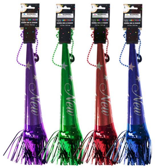 PARTY HORN NEW YEAR 13.5IN/4AST SOLID SHINY COLORS W/PRINT & FRINGE/NY TCD PARTY HORN NEW YEAR 13.5IN/4AST SOLID SHINY COLORS W/PRINT & FRINGE/NY TCD