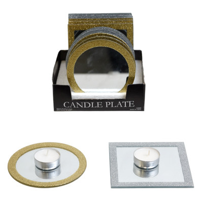 CANDLE PLATE MIRROR GLITTER TRIM 4.5IN ROUND/SQUARE 12PC PDQ UPC LABEL