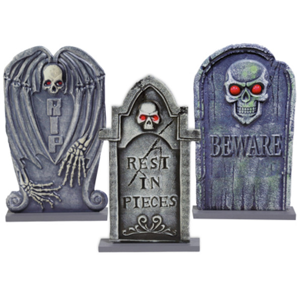 TOMBSTONE EMBOSSED METAL TABLE DECOR 3AST APRX 5.5 X 9.3IN HLWN/STICKER